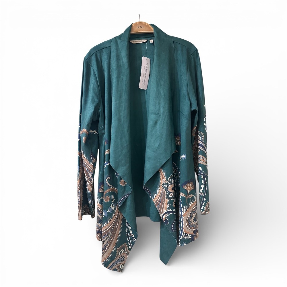 Soft Surroundings Faux Suede Paisley Open Front Waterfall Jacket Boho M‎ NWT
